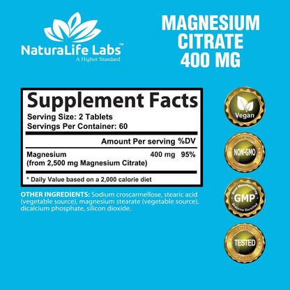 Magnesium Citrate 400Mg Elemental Magnesium 120 Tablets Vegan