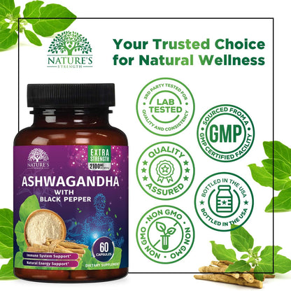 Ashwagandha Extra Strength 2100Mg - Ashwagandha Supplements for Women & Men, Antioxidant Support, Nature'S Vegan Ashwagandha Powder, Ashwagandha Supplement, Non-Gmo & Gluten Free - 60 Capsules