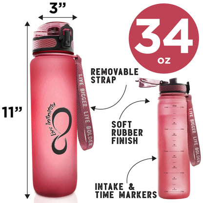 Gym Water Bottle with Time Marker Fruit Infuser and Shaker 34 Oz Amethyst