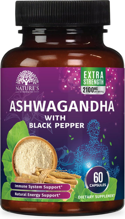 Ashwagandha Extra Strength 2100Mg - Ashwagandha Supplements for Women & Men, Antioxidant Support, Nature'S Vegan Ashwagandha Powder, Ashwagandha Supplement, Non-Gmo & Gluten Free - 60 Capsules