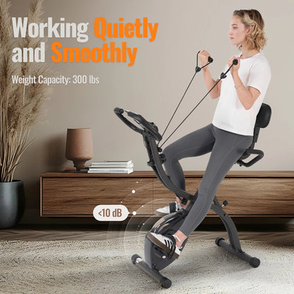 3-In-1 Exercise Bike Quiet Folding Magnetic Stationary Exercise Bikes with Arm Resistance Bands Home Workout Use