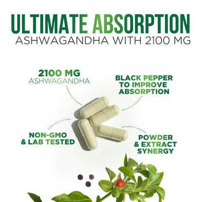 Ashwagandha Extra Strength 2100Mg - Ashwagandha Supplements for Women & Men, Antioxidant Support, Nature'S Vegan Ashwagandha Powder, Ashwagandha Supplement, Non-Gmo & Gluten Free - 60 Capsules